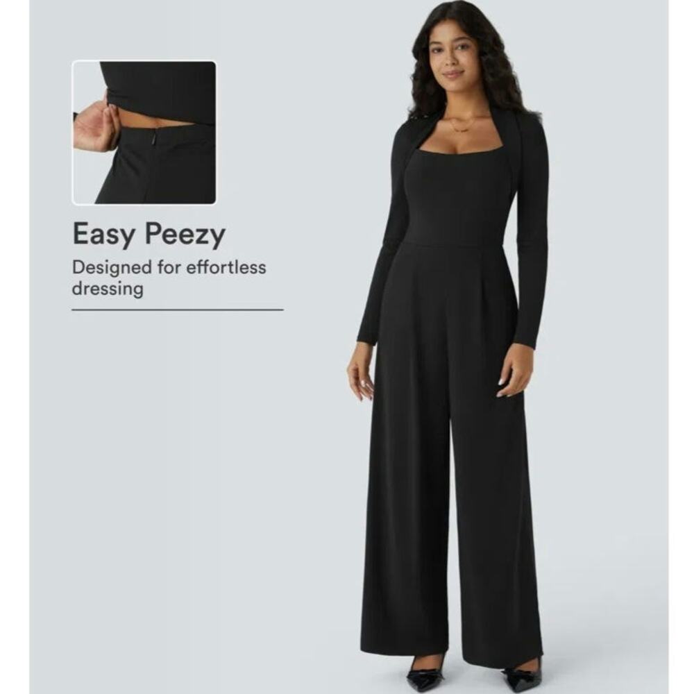 Sz Medium HALARA Black Long-Slv Shrug Neckline Easy On/Off Pleat Waist Jumpsuit